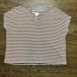 J Jill Shirt Womens Large Brown White Striped Short Sleeve V Neck Casual Top